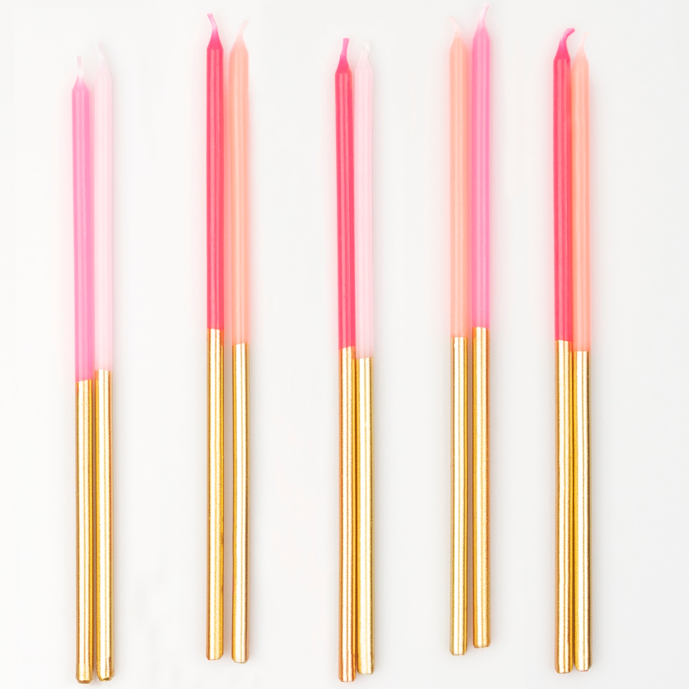 Our gold candles are teamed with shades of pink, perfect as birthday cake candles.