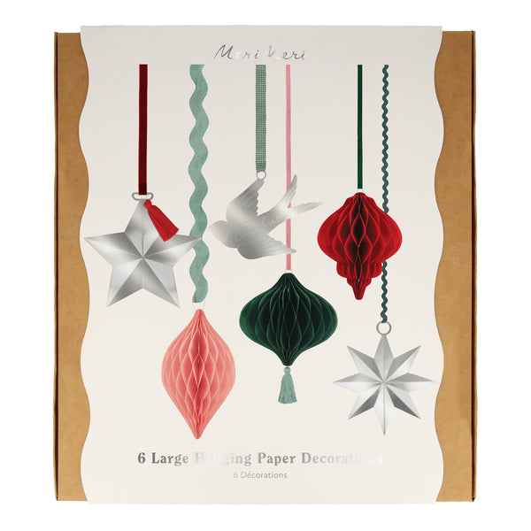 Our hanging Christmas decorations feature shiny silver foil, honeycombed paper and luxury ribbons. Image9