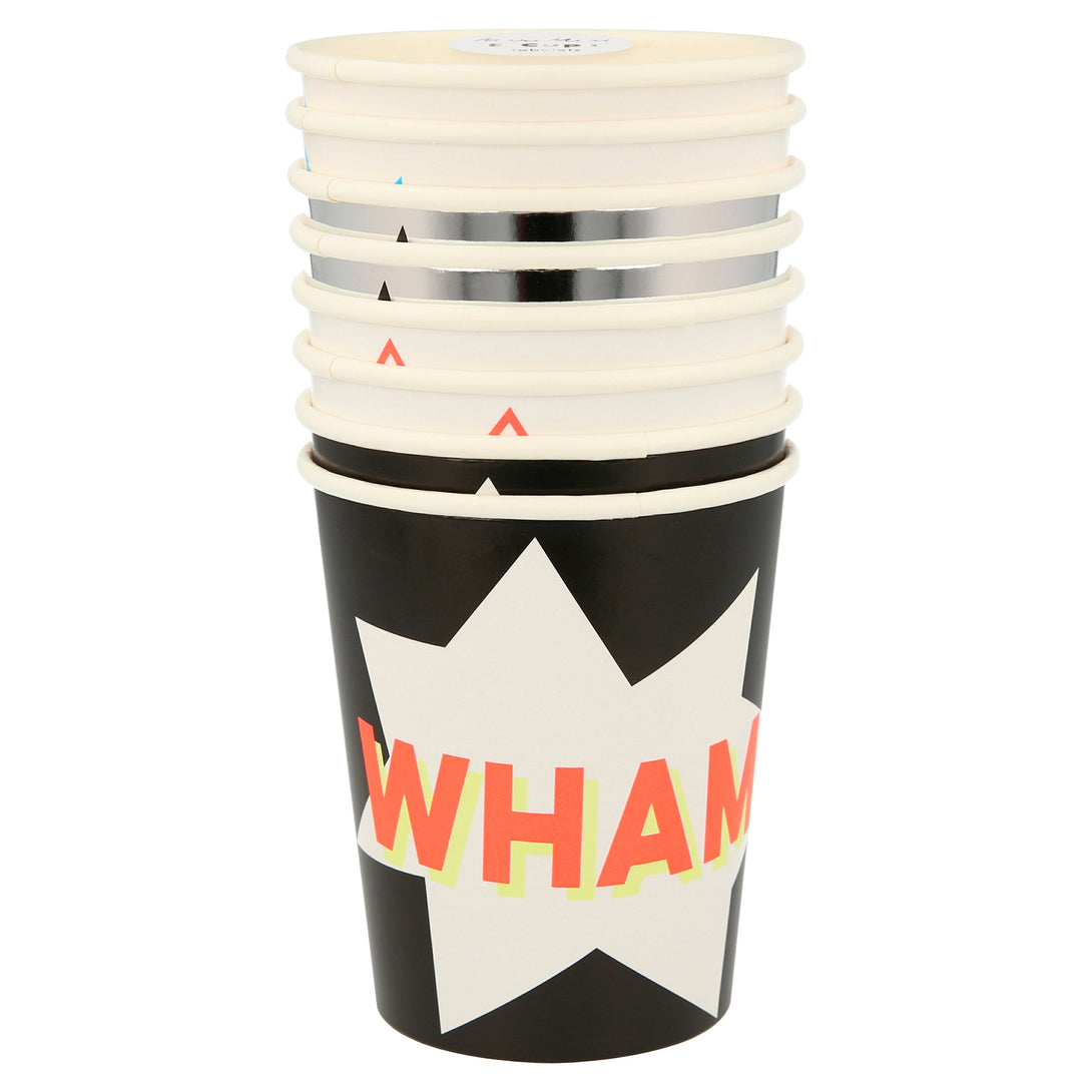 Our party cups, with comic book words, are ideal for a kids birthday party with a superhero theme.