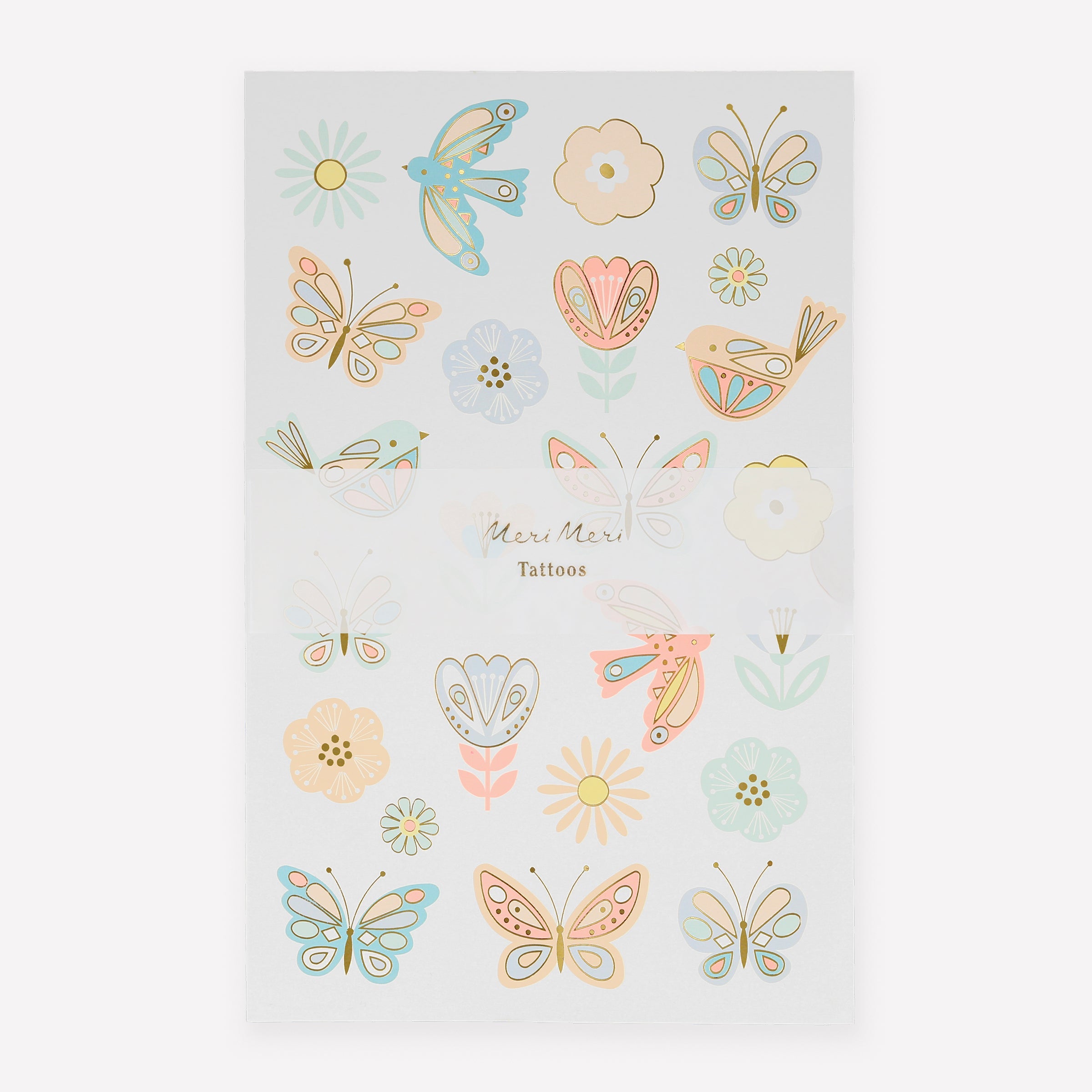 Our temporary tattoos for kids feature birds, flowers and butterflies, perfect for princess birthday party ideas.