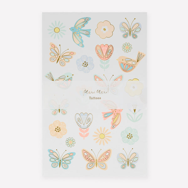 Our temporary tattoos for kids feature birds, flowers and butterflies, perfect for princess birthday party ideas.