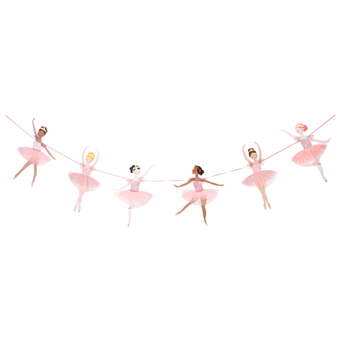 This set includes ballerina decorations for a birthday party, and tableware and a cupcake kit.