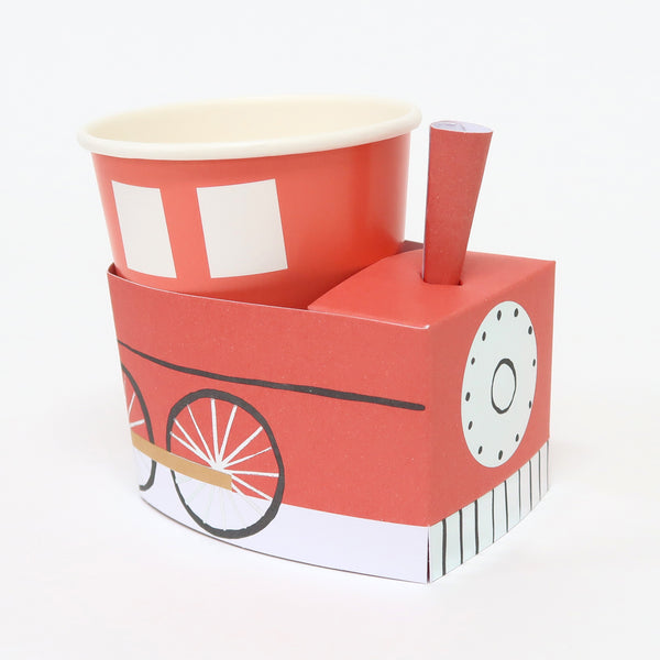Our paper cups, in the shapes of trains, are ideal for a train party. Image3