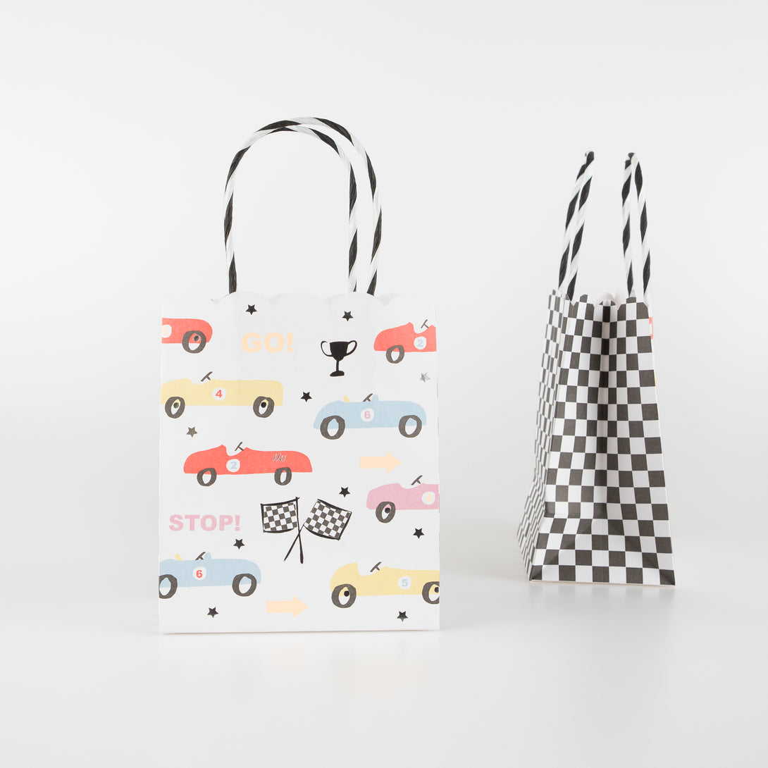 These colorful race car paper bags are great to fill with party favors for a race car birthday party.
