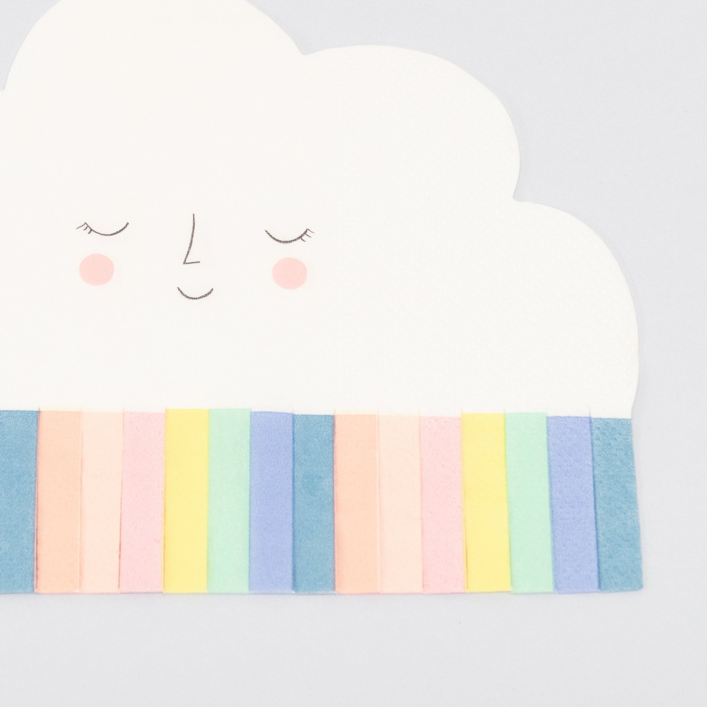 These party napkins feature a smiling cloud with bright tissue paper fringed details.