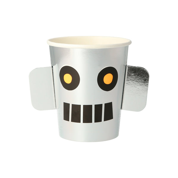 These delightful party cups feature 3D ears and a robot face, the shiny silver cups will look great at a space birthday party.