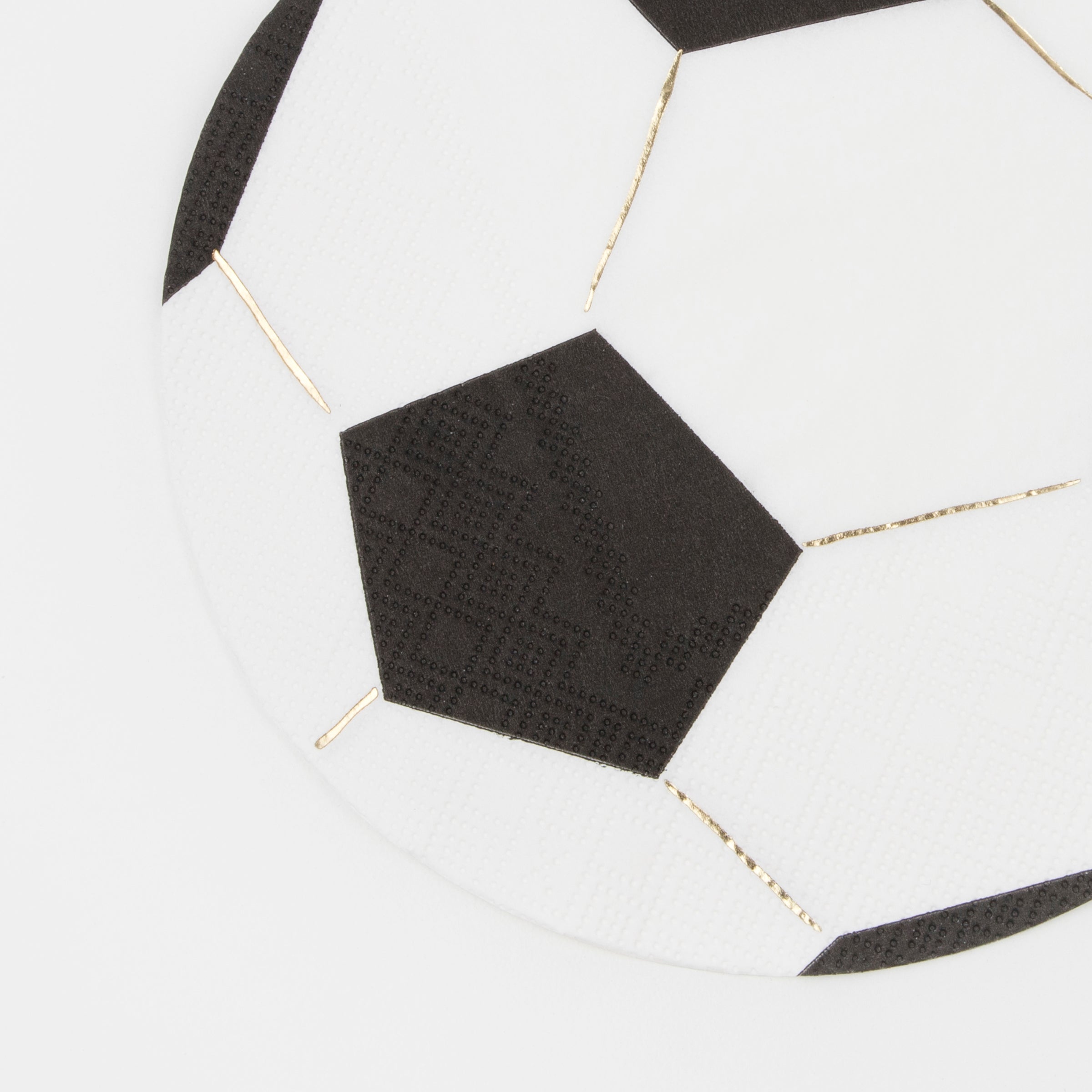 Our paper napkins are cut into the shape of a soccer ball with fabulous gold foil details.