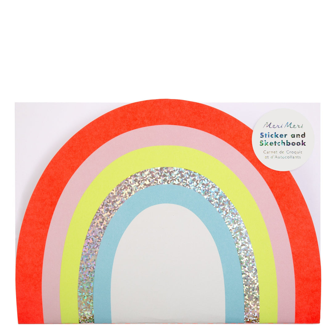 It features 32 sketch pages and 6 pages of rainbow, holographic and alphabet stickers.