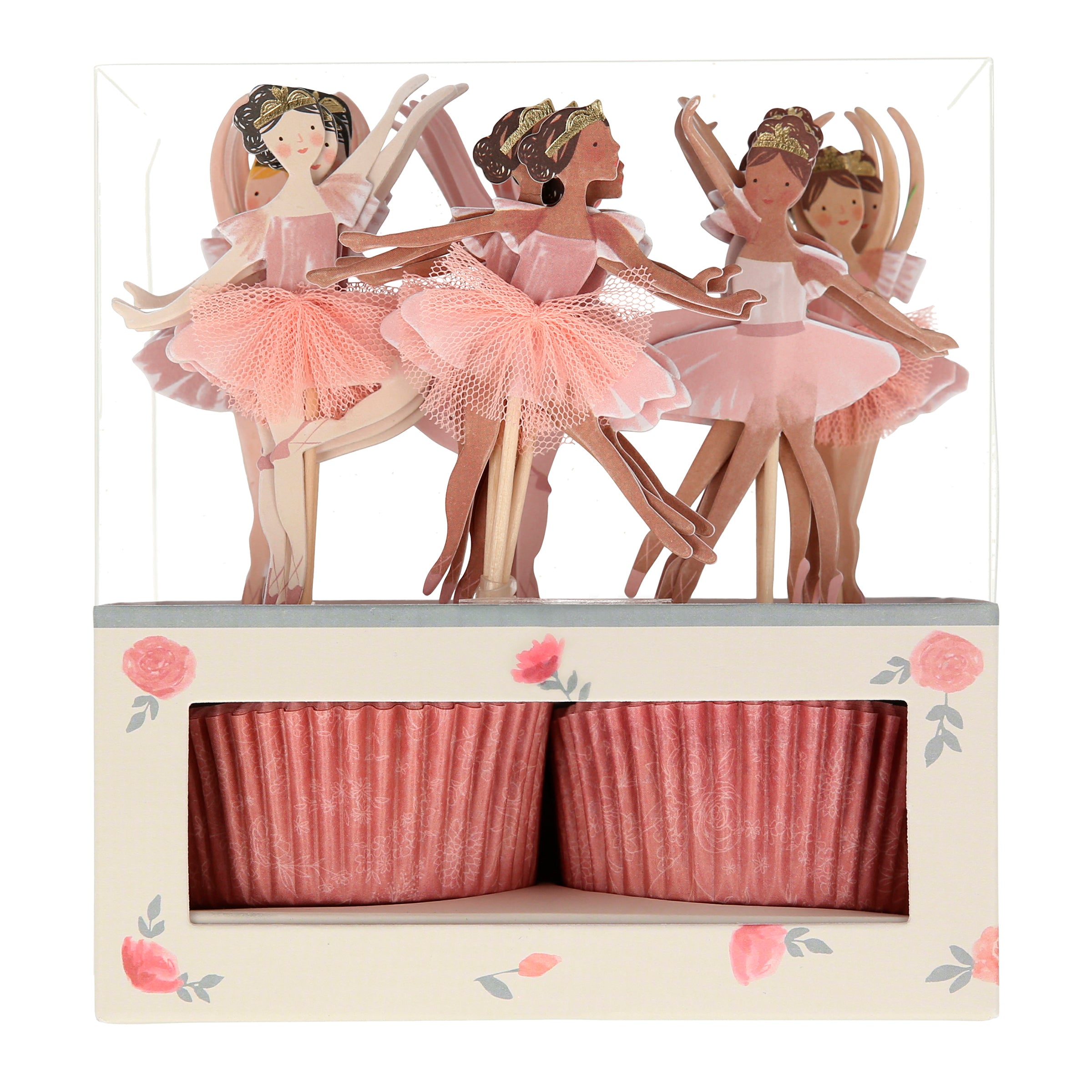 This set includes ballerina decorations for a birthday party, and tableware and a cupcake kit.