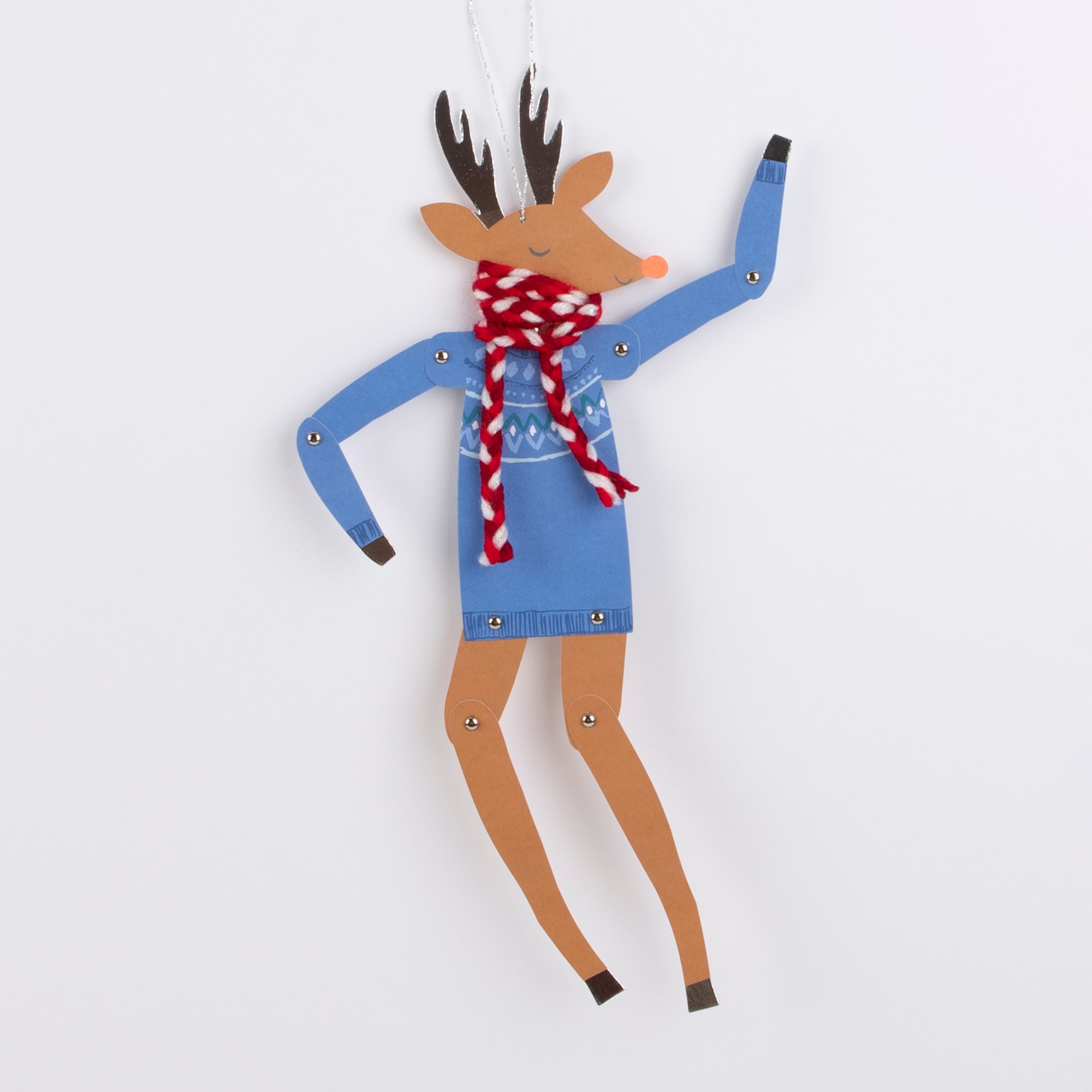 The fabulous reindeer hanging Christmas decoration is embellished with yarn and shiny silver foil, with split pins to allow it to move.
