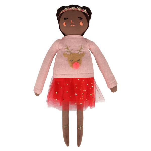 Our Christmas doll comes wearing wonderful doll clothing, including a reindeer sweatshirt.