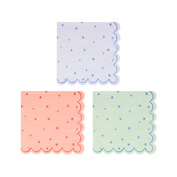 Our paper napkin set features a stylish star design and includes blue napkins, pink napkins and mint napkins.