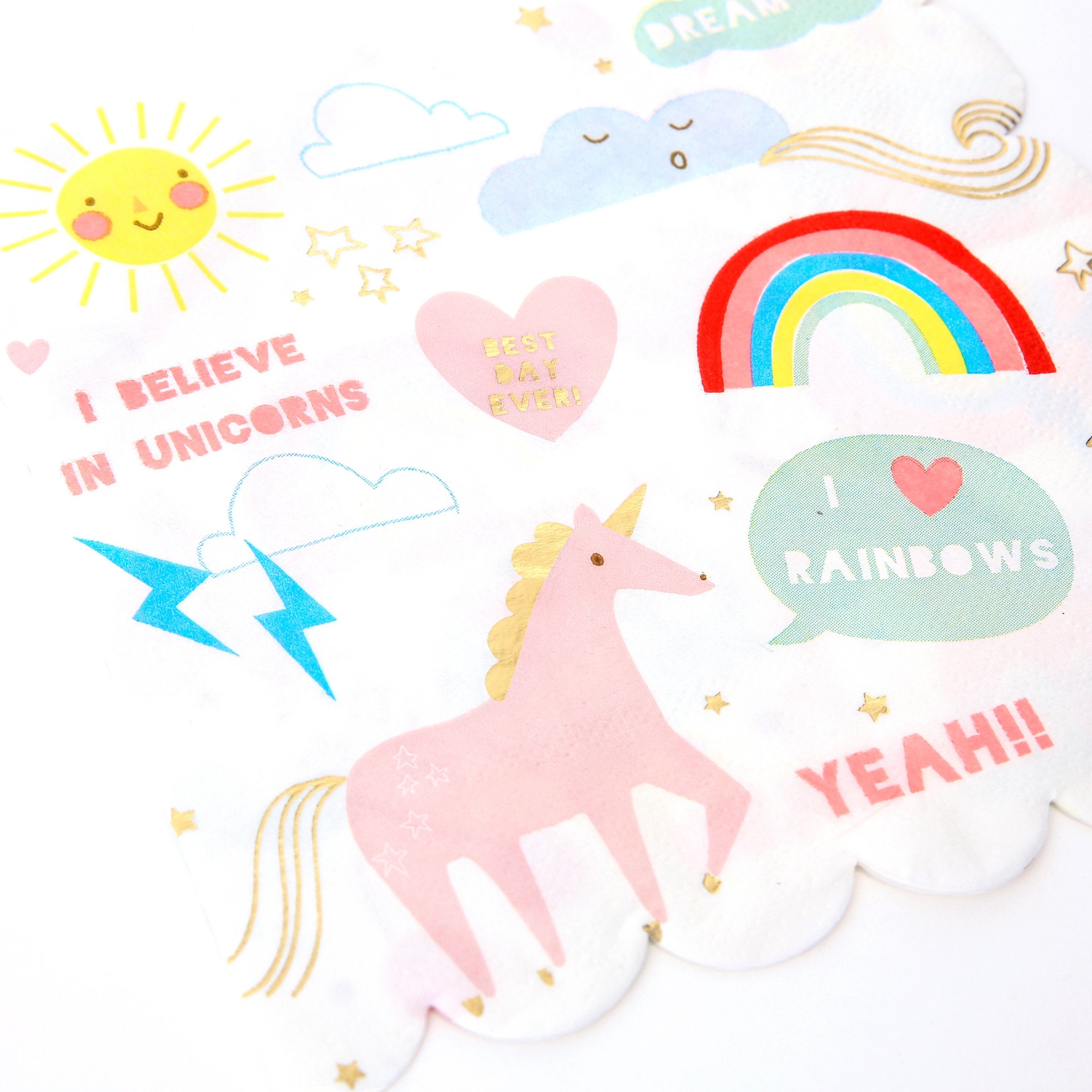 These delightful unicorn party napkins have beautiful illustrations, shiny gold foil detail and a stylish scallop edge.