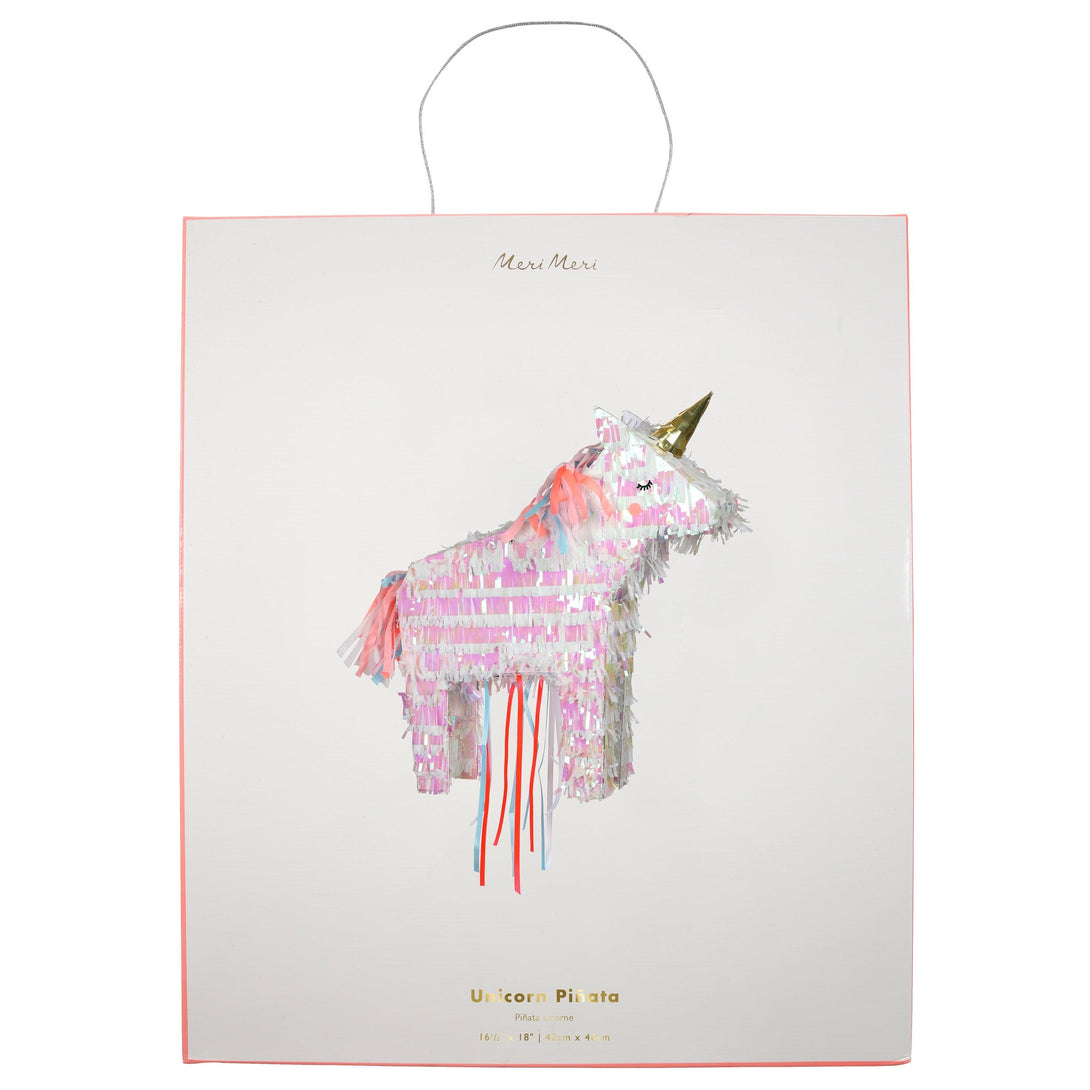 This unicorn pinata is crafted with iridescent and gold foil detail, and lots of bright ribbons.