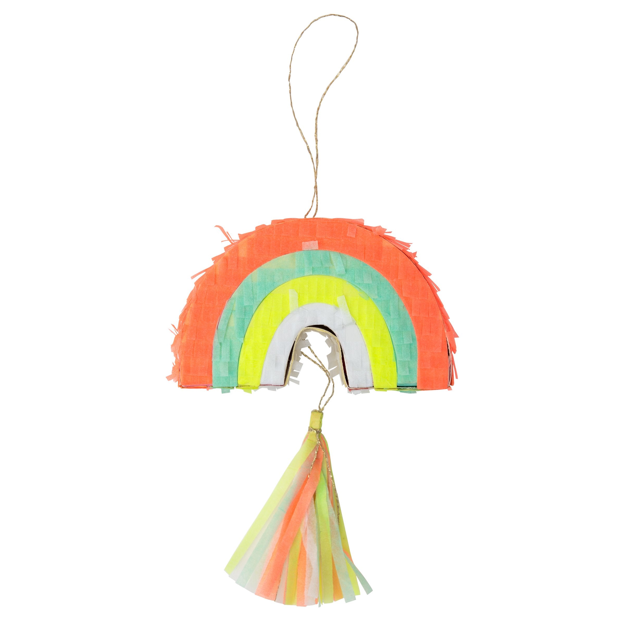 These mini pinatas, in the shape of a rainbow with a neon tassel, are filled with colorful confetti and temporary tattoos.