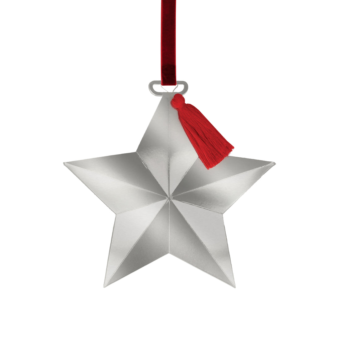 Our hanging Christmas decorations feature shiny silver foil, honeycombed paper and luxury ribbons.