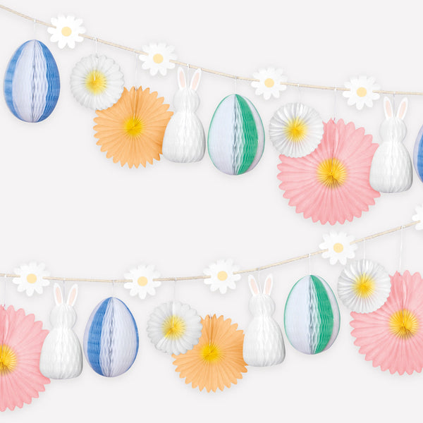 Our Easter garland features honeycomb decorations of bunnies, flowers and eggs.