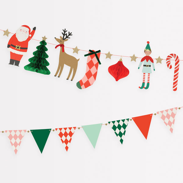 Our party garland, featuring Christmas characters, jingle bells and colorful flags, is the perfect glitter garland.