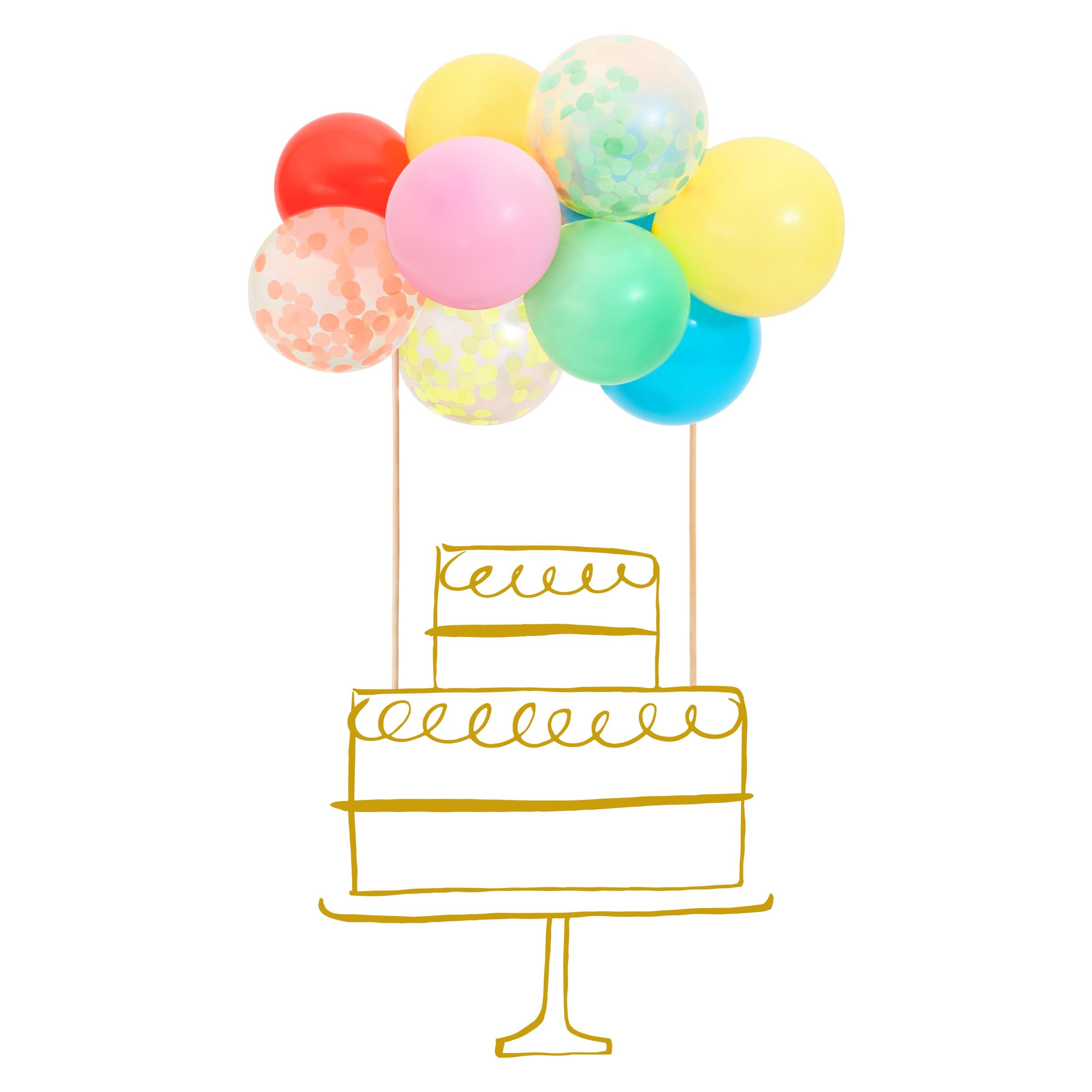 This cake topper kit includes bright balloons, confetti balloons, 2 wooden skewers, a balloon strip and an instruction sheet.