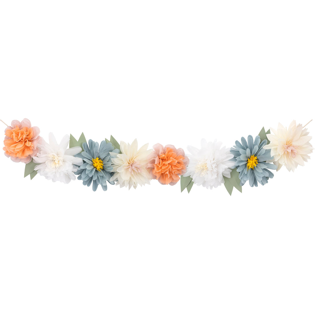 Our reusable flower garland is crafted from colorful tissue paper decorations.