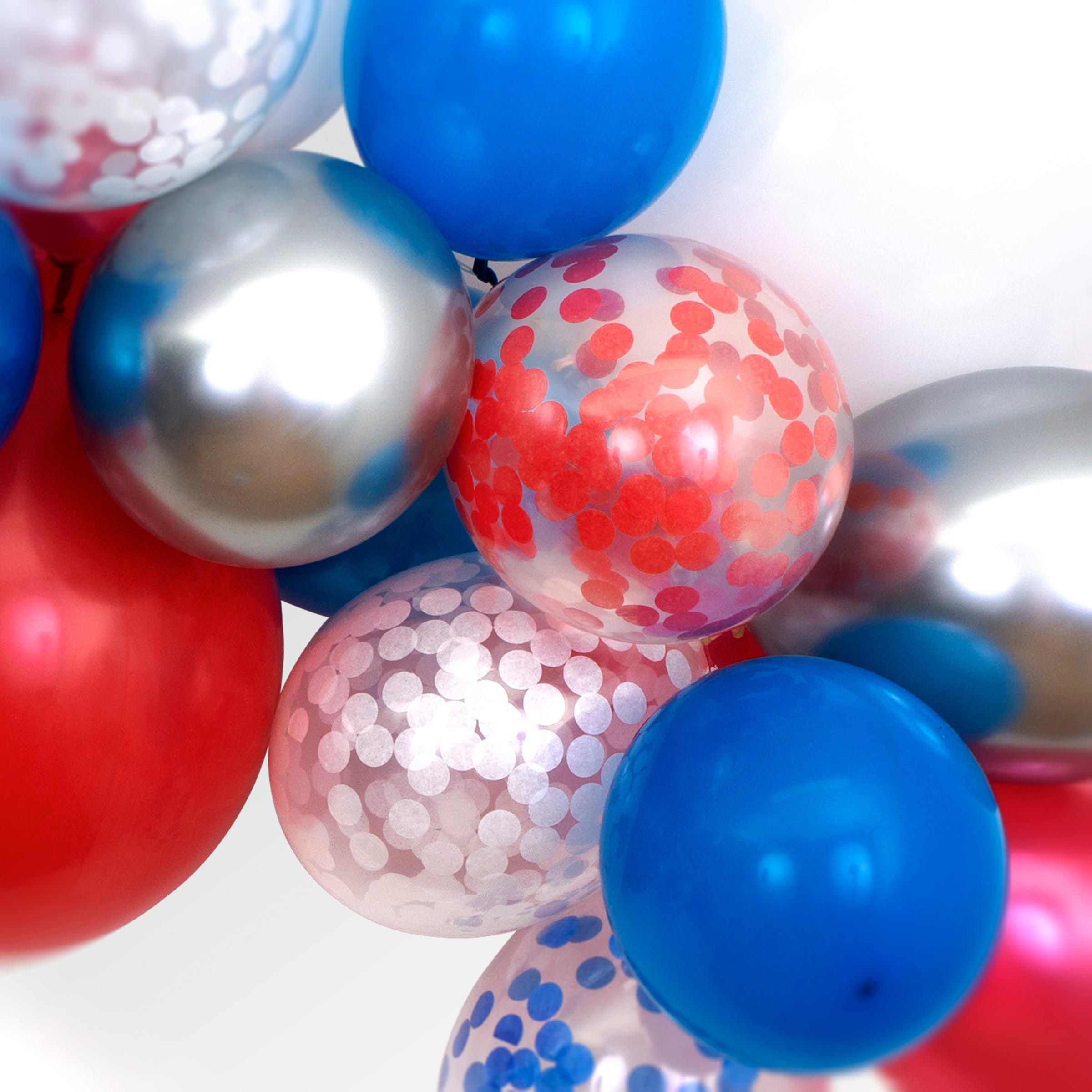 Our Independence Day balloon garland kit, with red, blue, white and silver balloons looks amazing.