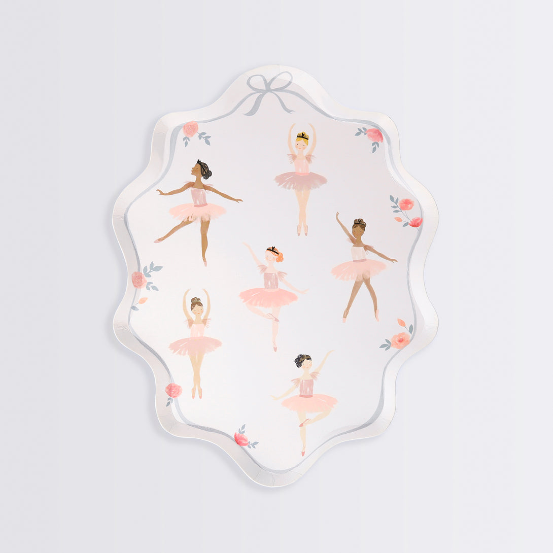 This set includes ballerina decorations for a birthday party, and tableware and a cupcake kit.