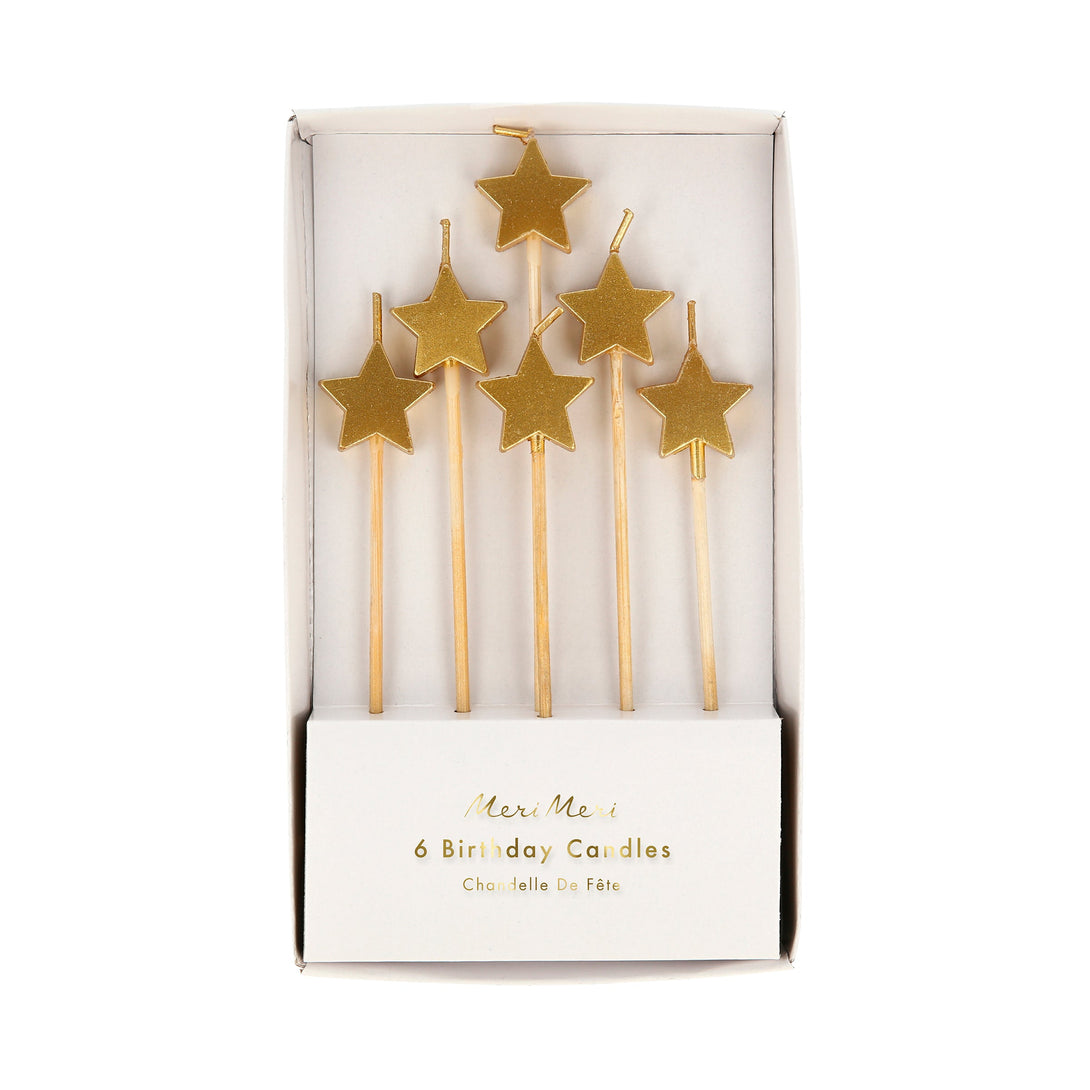 If you're looking for Christmas cake decoration ideas, then our shiny gold candle stars with natural wooden sticks are perfect.