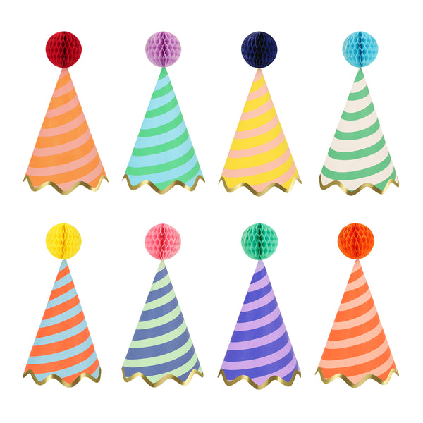 Our bright stripes party set has everything you need in a birthday supply set, with tableware, a cupcake kit, party hats and a mini garland. Image1