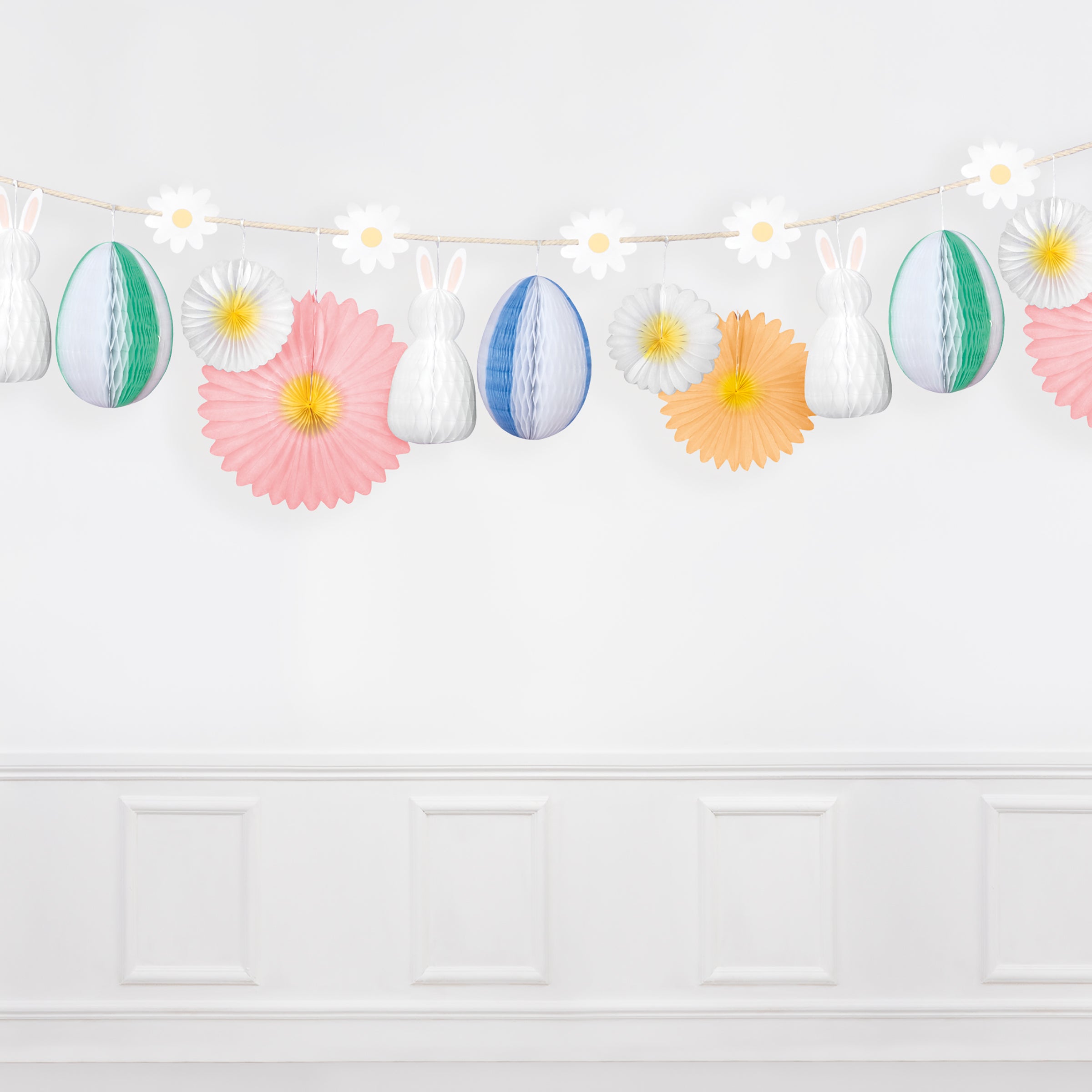 Our Easter garland features honeycomb decorations of bunnies, flowers and eggs.