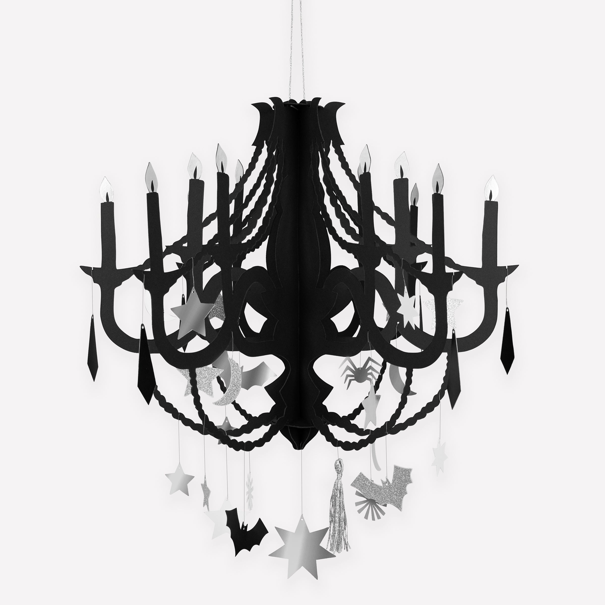 Our black chandelier, crafted from paper with shiny silver foil and 32 hanging decorations, is the perfect Halloween porch decoration.