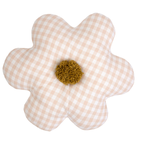 This decorative gingham print cushion is crafted in the shape of a daisy with a fun pompom center.