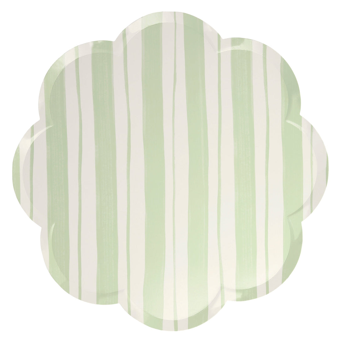 These pastel party plates have stripes and scalloped edges.