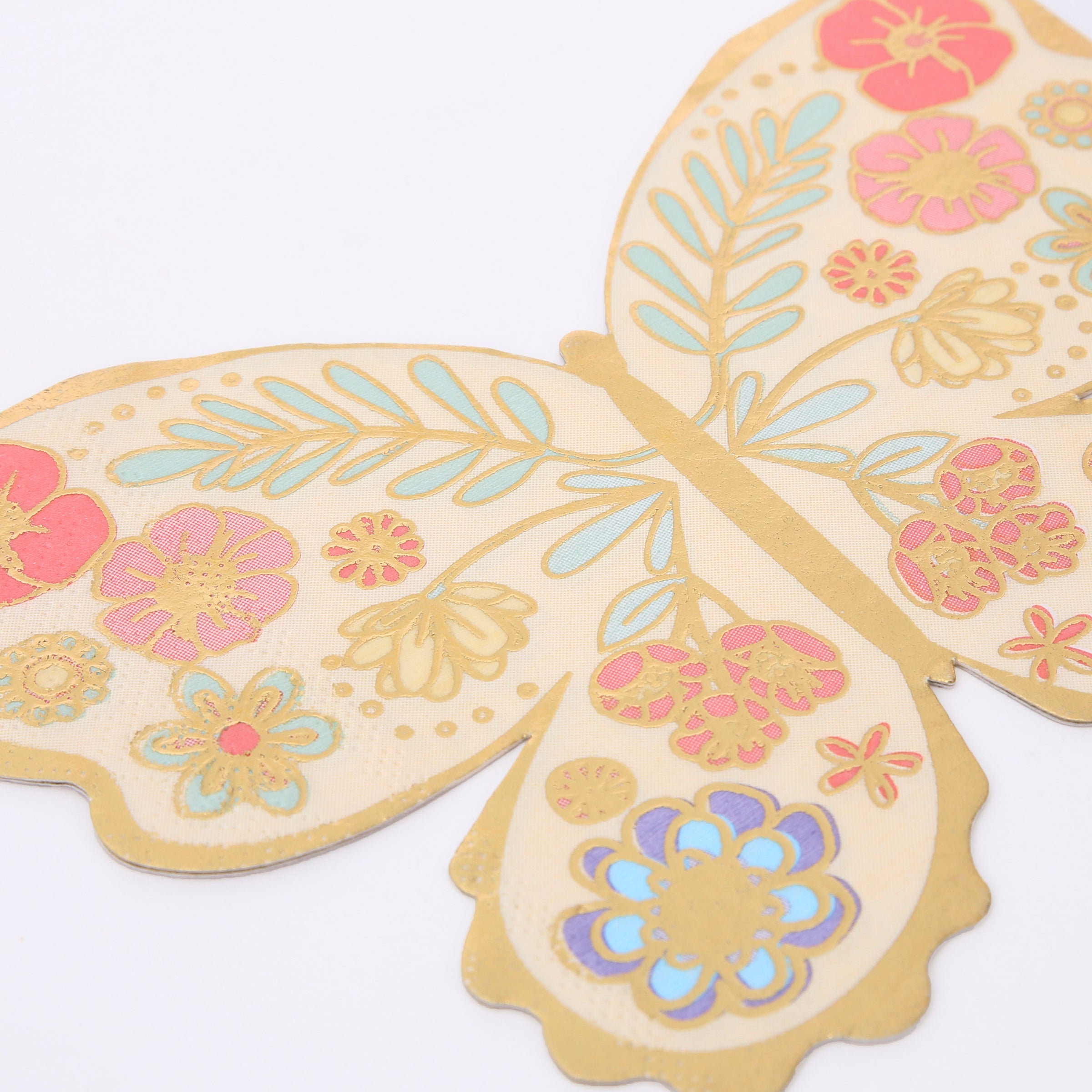 Our party napkins, butterfly shaped with lots of shiny gold foil, will look amazing at a fairy party or butterfly party.