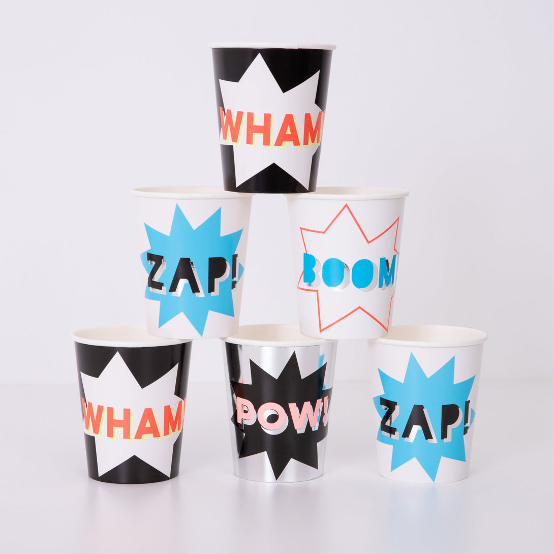 Our party cups, with comic book words, are ideal for a kids birthday party with a superhero theme.