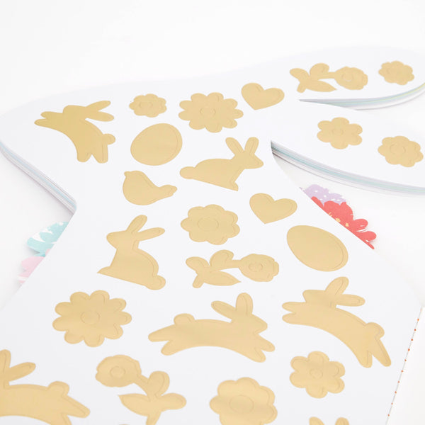 This bunny sticker books has 38 pages in total, with 32 colored pages, and 6 pages of springtime stickers and alphabet letters. Image2