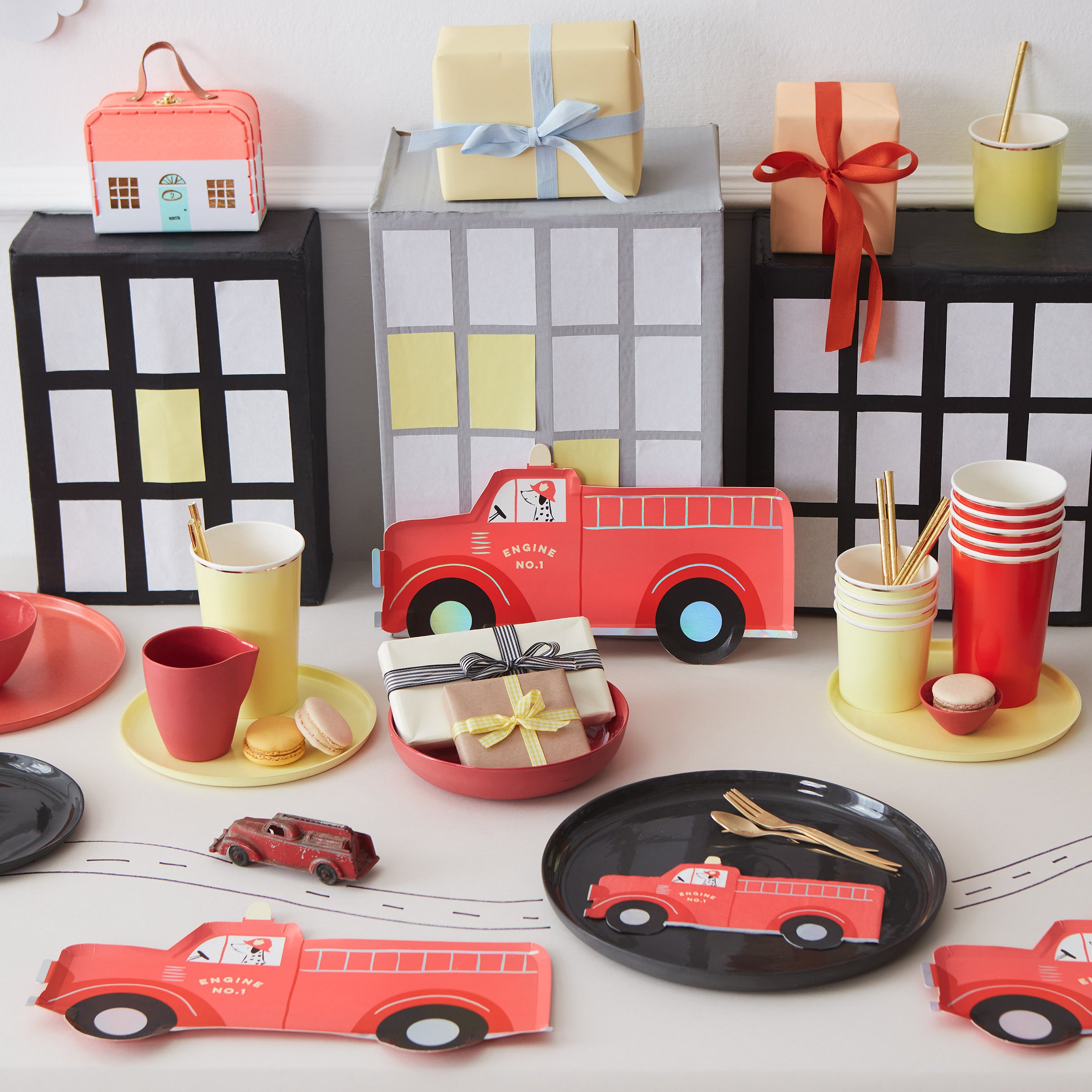 These wonderful plates, featuring a fire truck and lots of shiny holographic foil, will look amazing as a boys party theme.