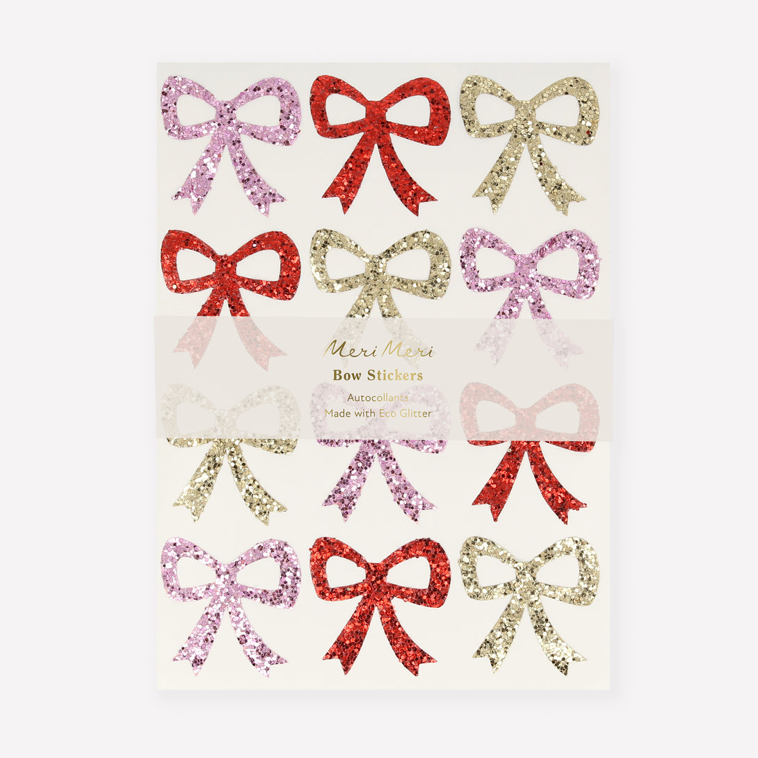 Our glitter stickers, in the shape of pink, red and gold bows, are ideal to pop onto Christmas gift bags.