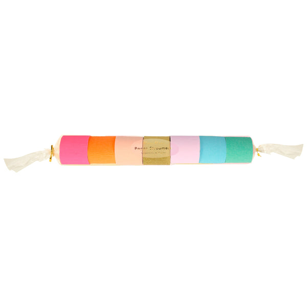Our streamers are crafted from crepe paper in neon and gold, perfect for paper party decorations. Image2