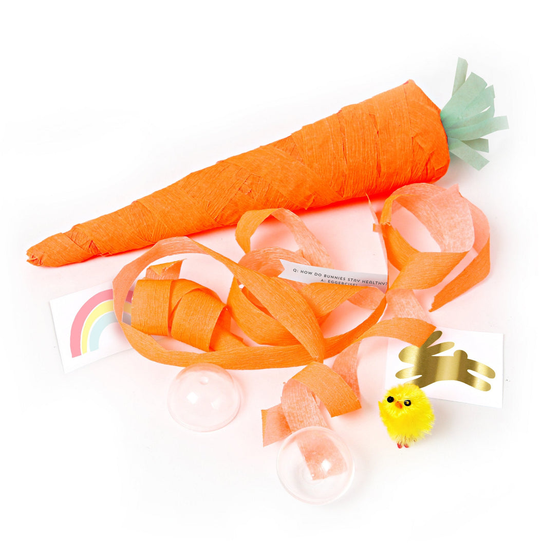 These surprise carrots are crafted from colorful crepe paper, and each contain a fluffy chick, 2 tempororary tattoos and a joke