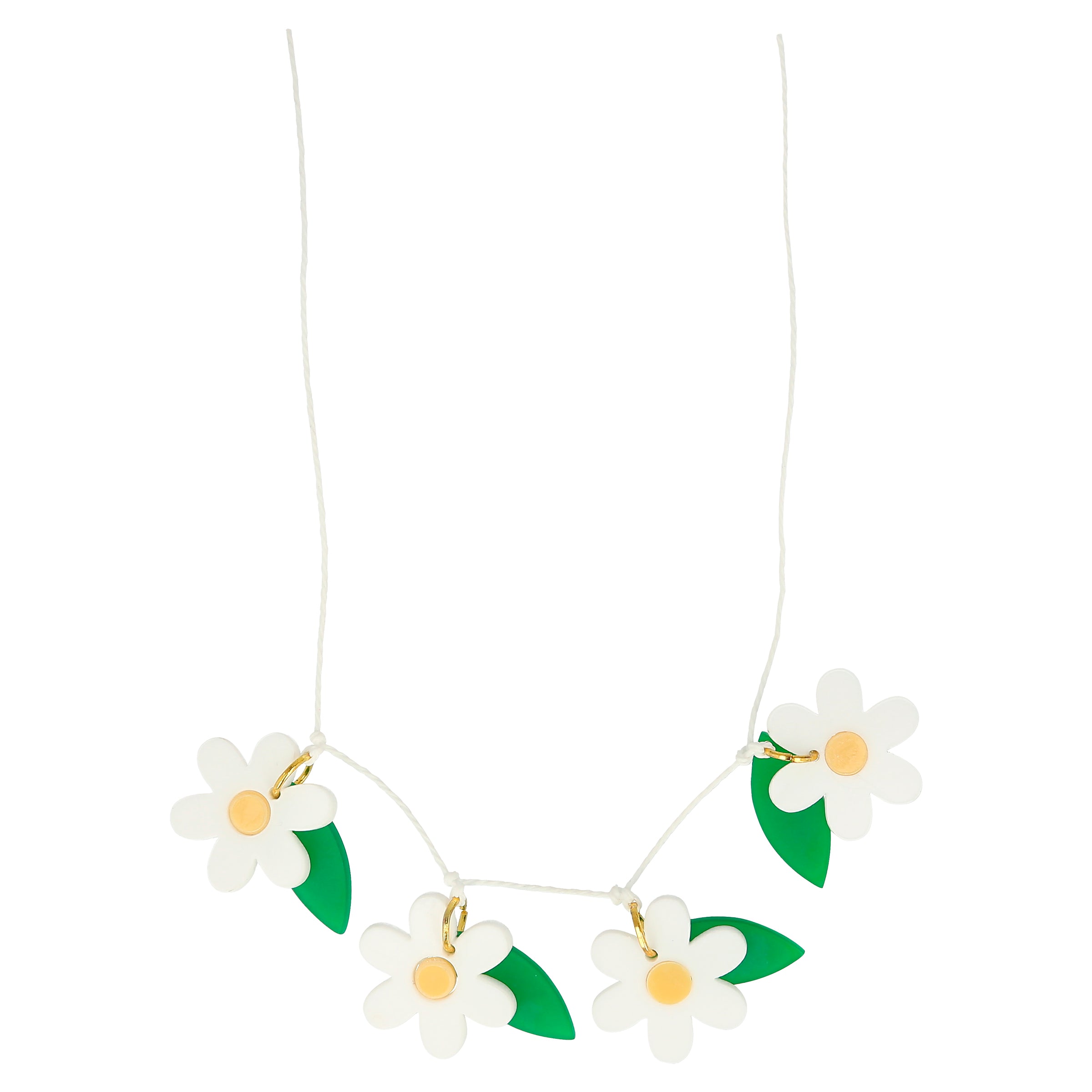 Our colorful daisy necklace is crafted from acrylic with a gold tone chain.