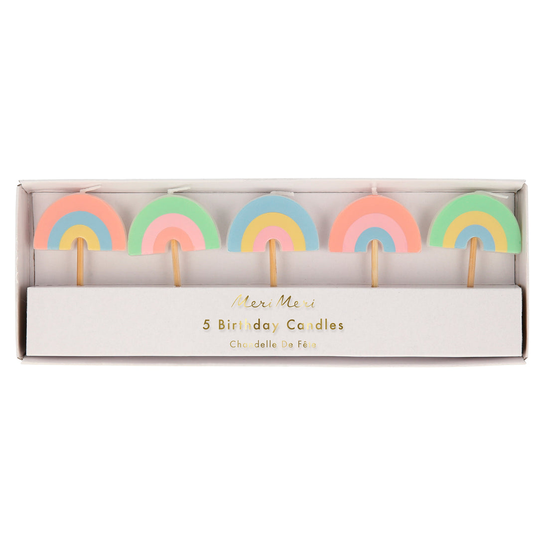 Our rainbow candles are perfect for a rainbow birthday party or baby shower cake decorations.