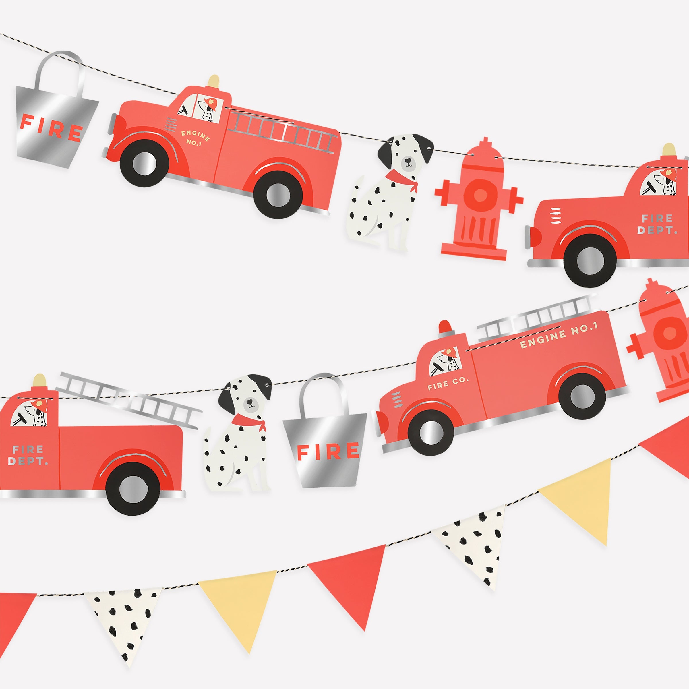 If you're holding a fireman party our bright red paper garland, with fire trucks, is a great boys birthday party decoration.