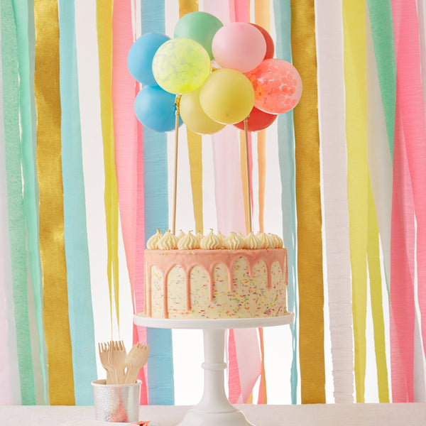 This cake topper kit includes bright balloons, confetti balloons, 2 wooden skewers, a balloon strip and an instruction sheet. Image2