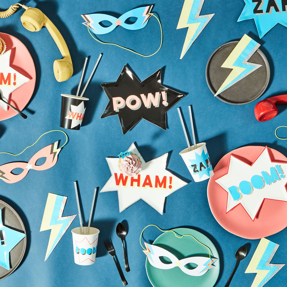 If you're looking for superhero party supplies then you'll love our lightning bolt paper napkins with holographic silver foil details.