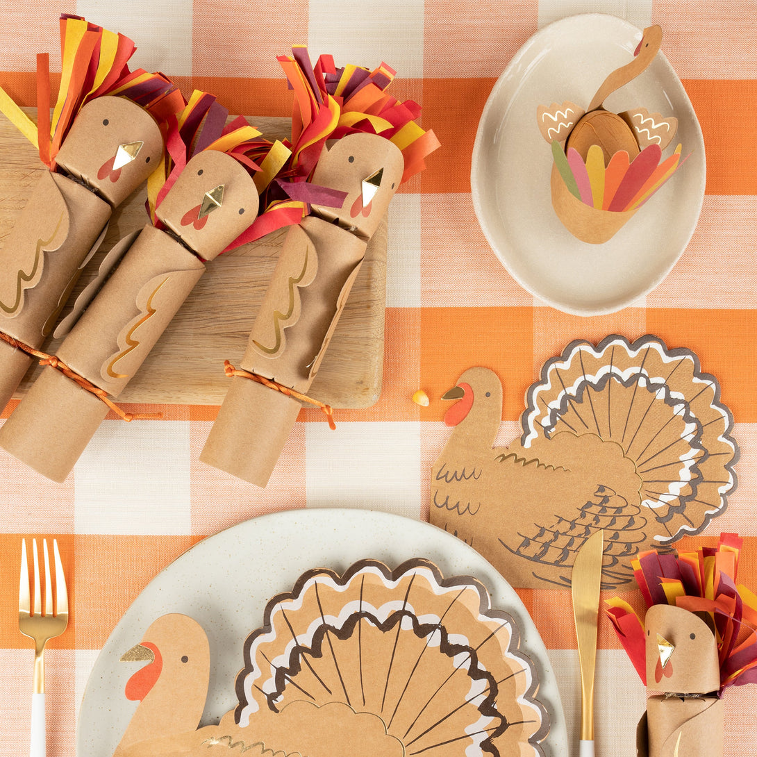 These fun turkey party crackers are perfect as Thanksgiving table decorations.