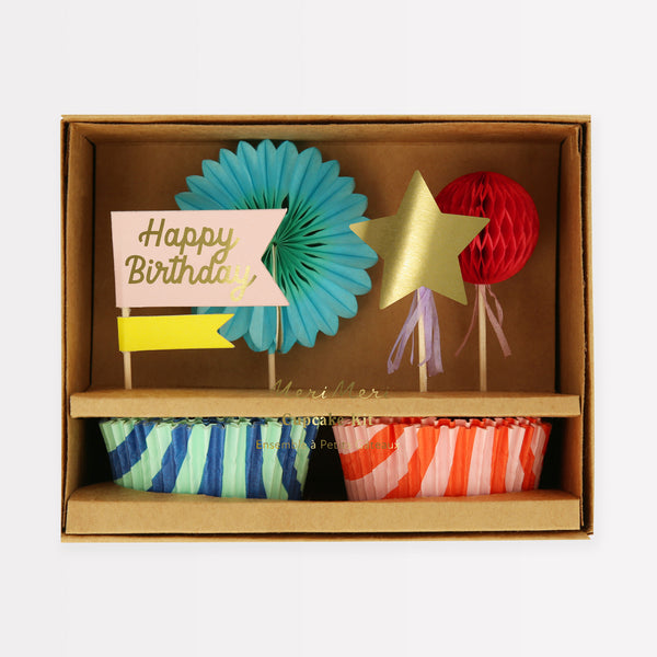 Our bright stripes party set has everything you need in a birthday supply set, with tableware, a cupcake kit, party hats and a mini garland. Image5