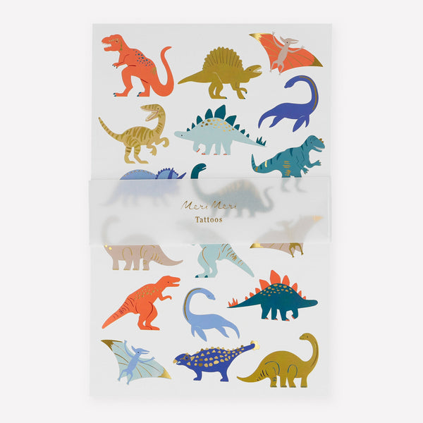 Our cute dinosaur tattoos feature bright colors and shiny gold foil details.