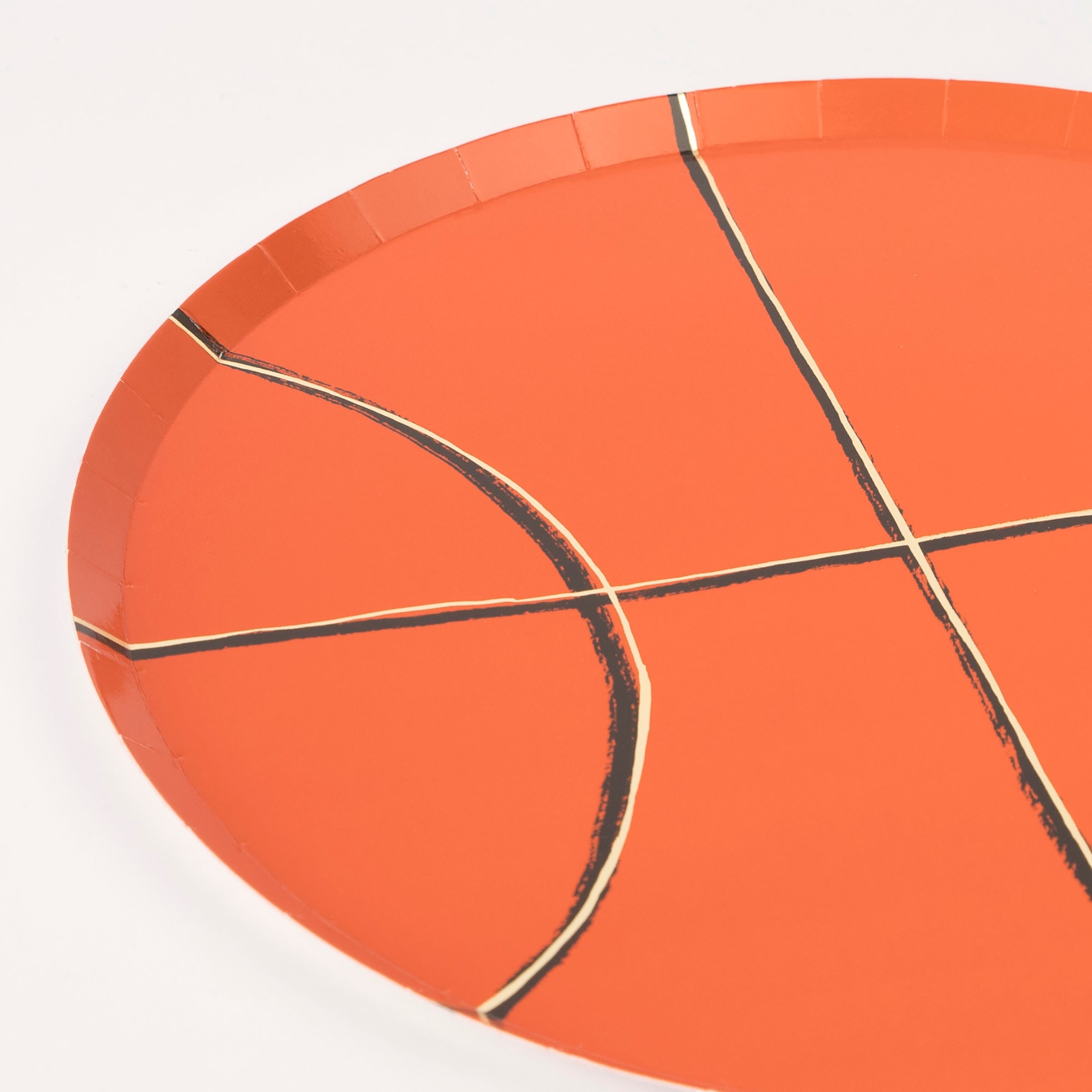 Our party plates, in the shape of a basketball with gold foil details, are perfect for basketball party supplies.