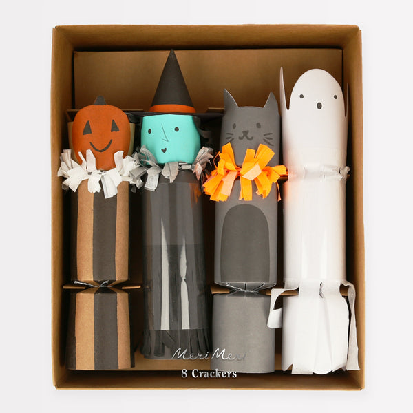 Our Halloween crackers, which includes pumpkin crackers, contain paper dolls and Halloween stickers.