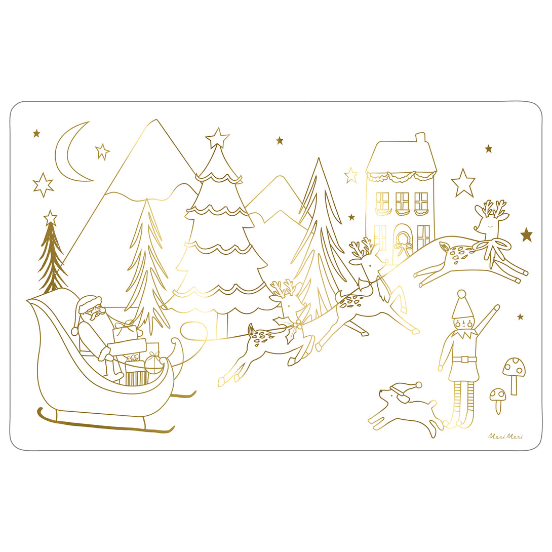 Our Christmas placemats are also coloring sheets for kids, with fabulous goil foil illustrations.
